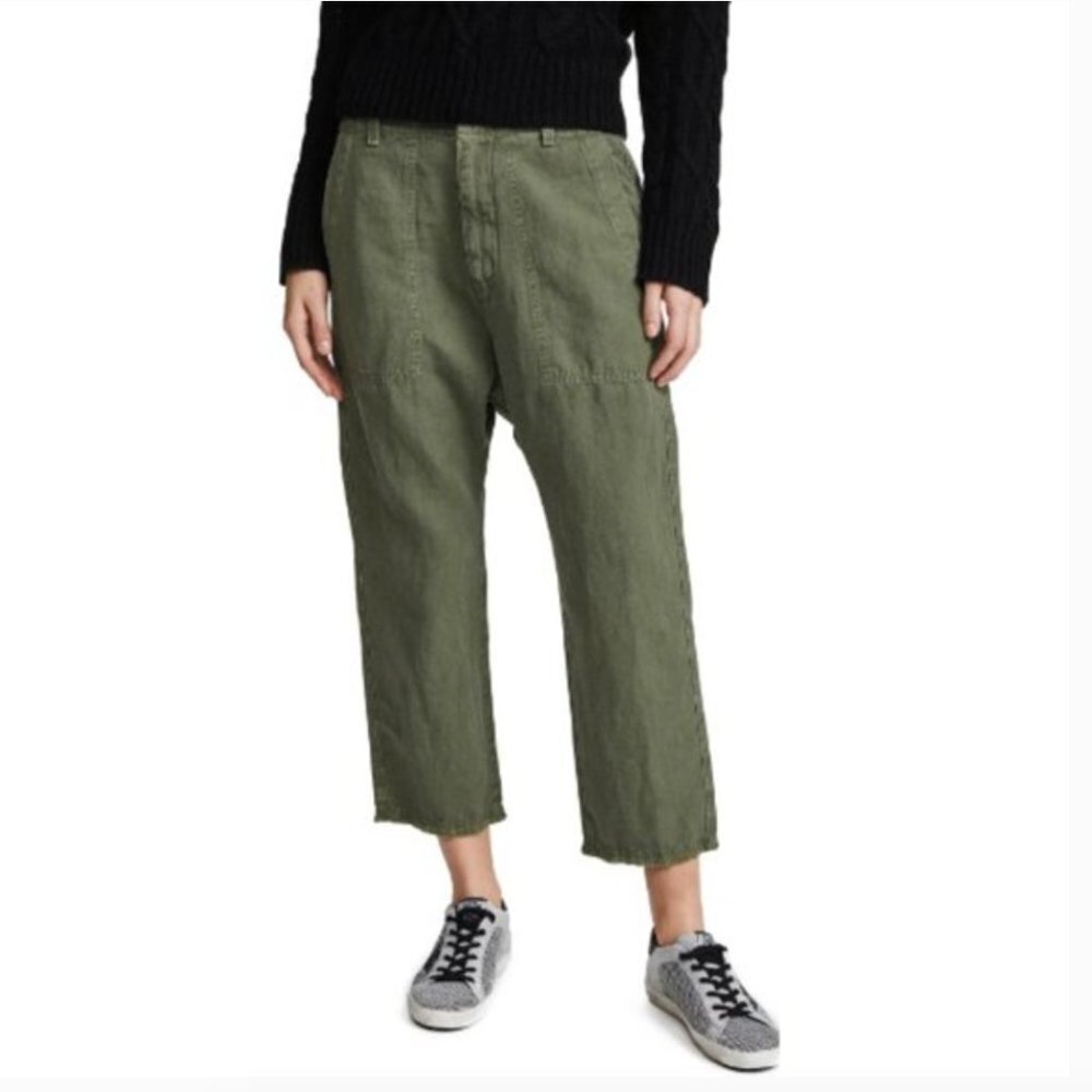 Nili Lotan Luna Linen Blend Pants Size 6 Drop Crotch Baggy Trousers Green
